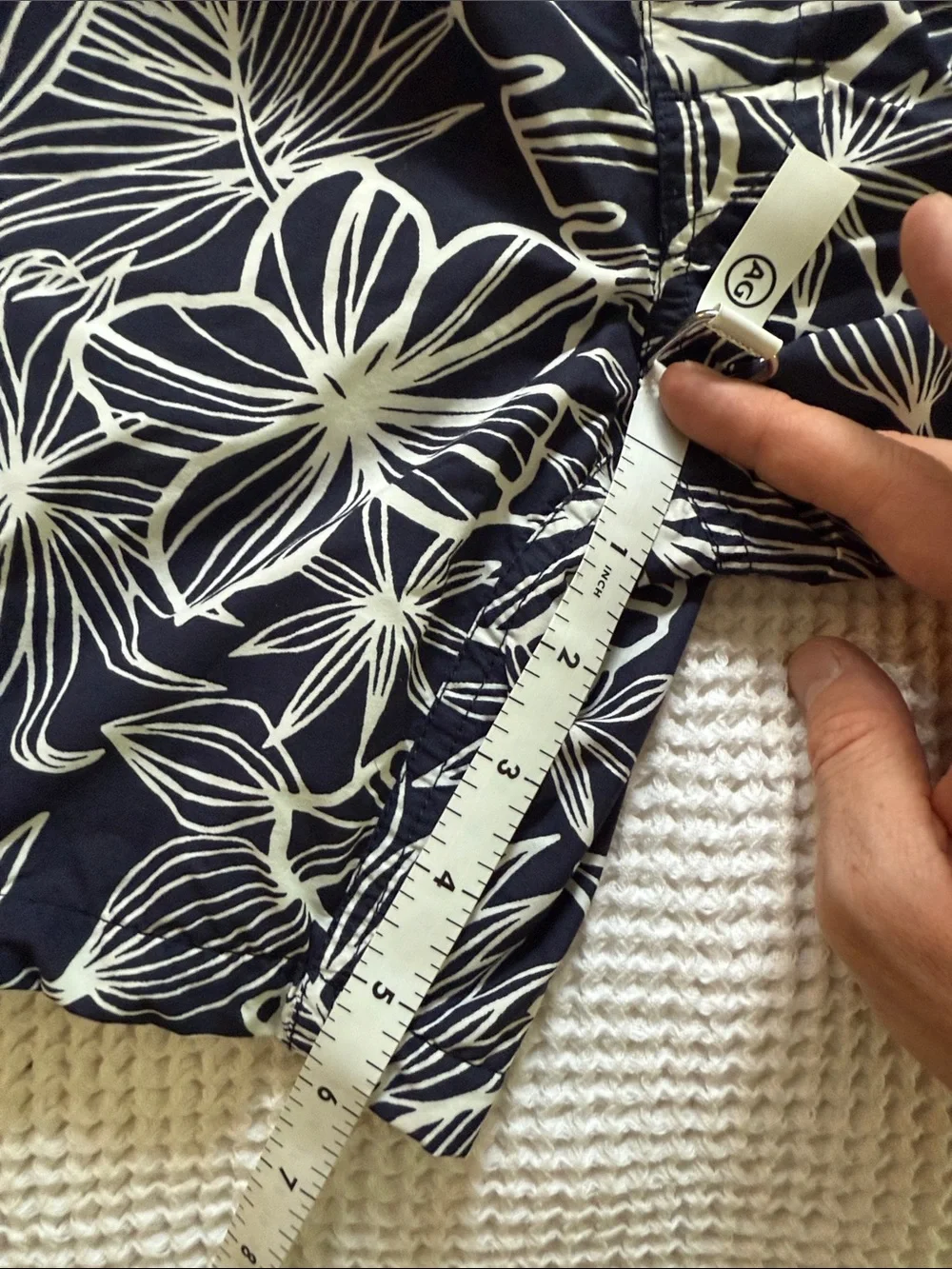 J. Crew Navy Swim Board Shorts with White Tropical Print and Tan Drawstring